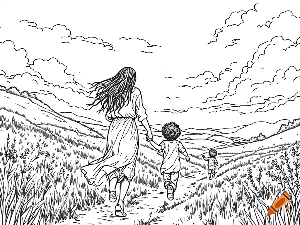 Black and white line art of a mother walking with two children through a grassy, hilly landscape under a cloudy sky.