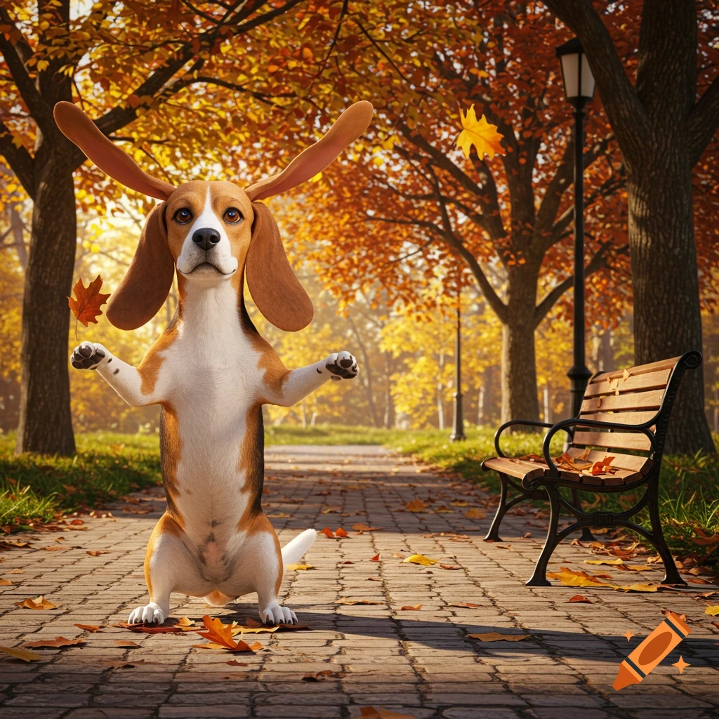 A cartoon beagle dog stands on its hind legs with ears pointing up in an autumn park surrounded by colorful fall leaves.