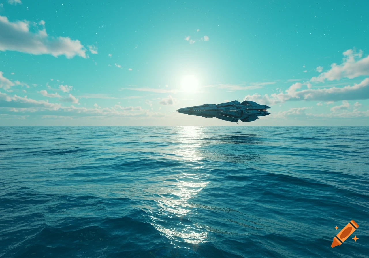 A large, sleek spacecraft hovers low over a vast, blue ocean under a bright, turquoise sky with a glowing sun.