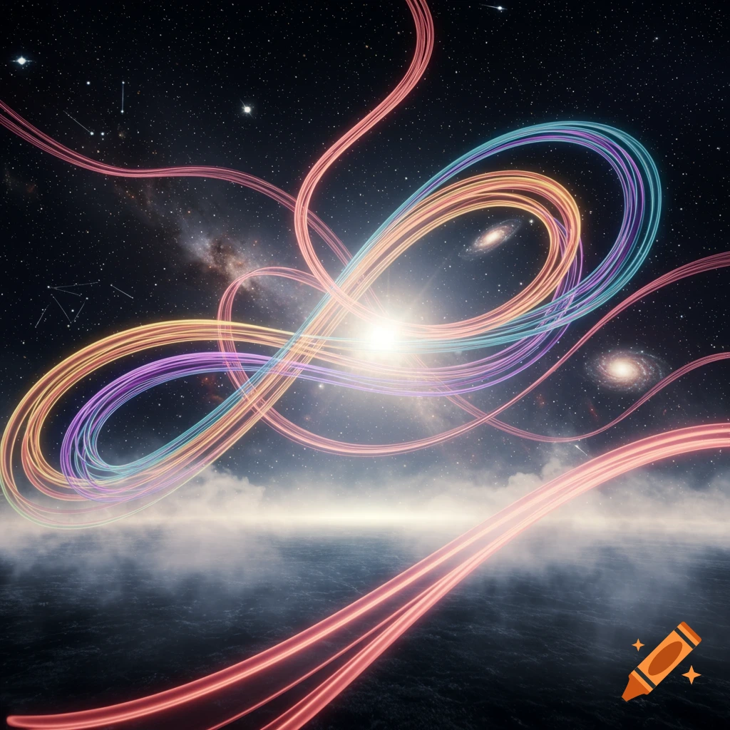 Colorful glowing light trails form an infinity symbol over a misty dark surface with a starry galaxy background.