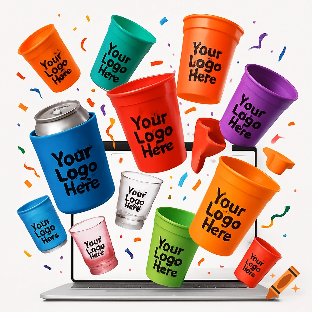 Colorful stadium cups, shot glasses, and can coolers with 'Your Logo Here' imprinted, exploding from a laptop screen with confetti.