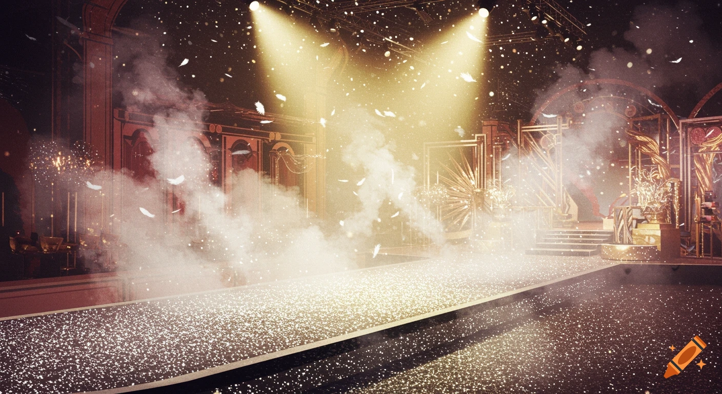 Empty, sparkling runway stage bathed in spotlights and smoke with falling feathers.