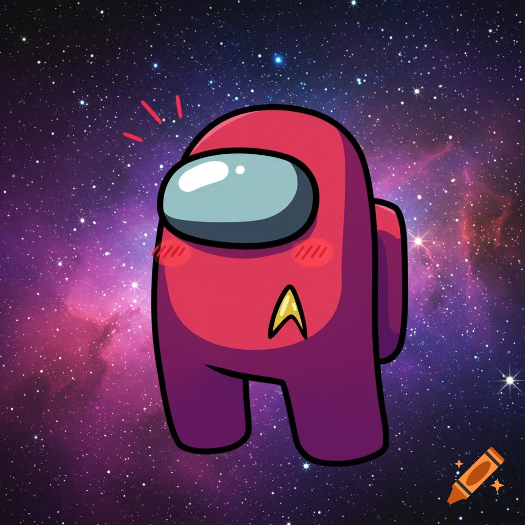 A cartoon red Among Us character with a Star Trek delta shield emblem on its chest, blushing in a starry galaxy.