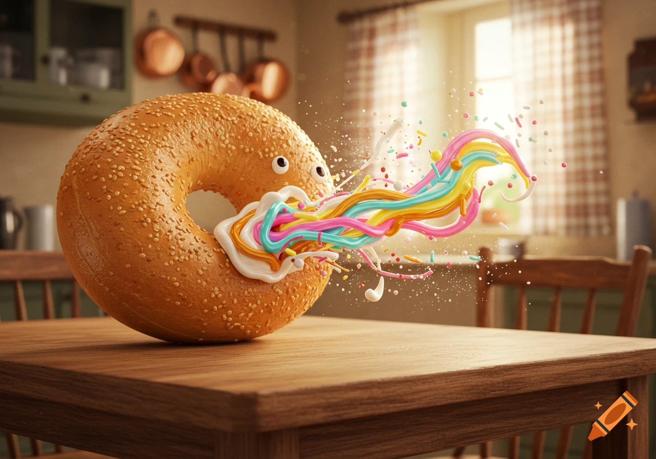 A cartoon bagel with eyes on a wooden table spews a vibrant rainbow of colorful liquid and sprinkles in a sunny kitchen.