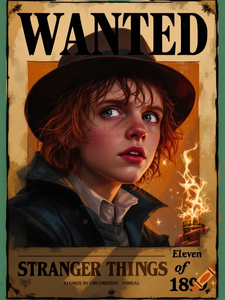 Vintage wanted poster featuring a young woman with red hair and a fedora, holding a glowing, sparking object.