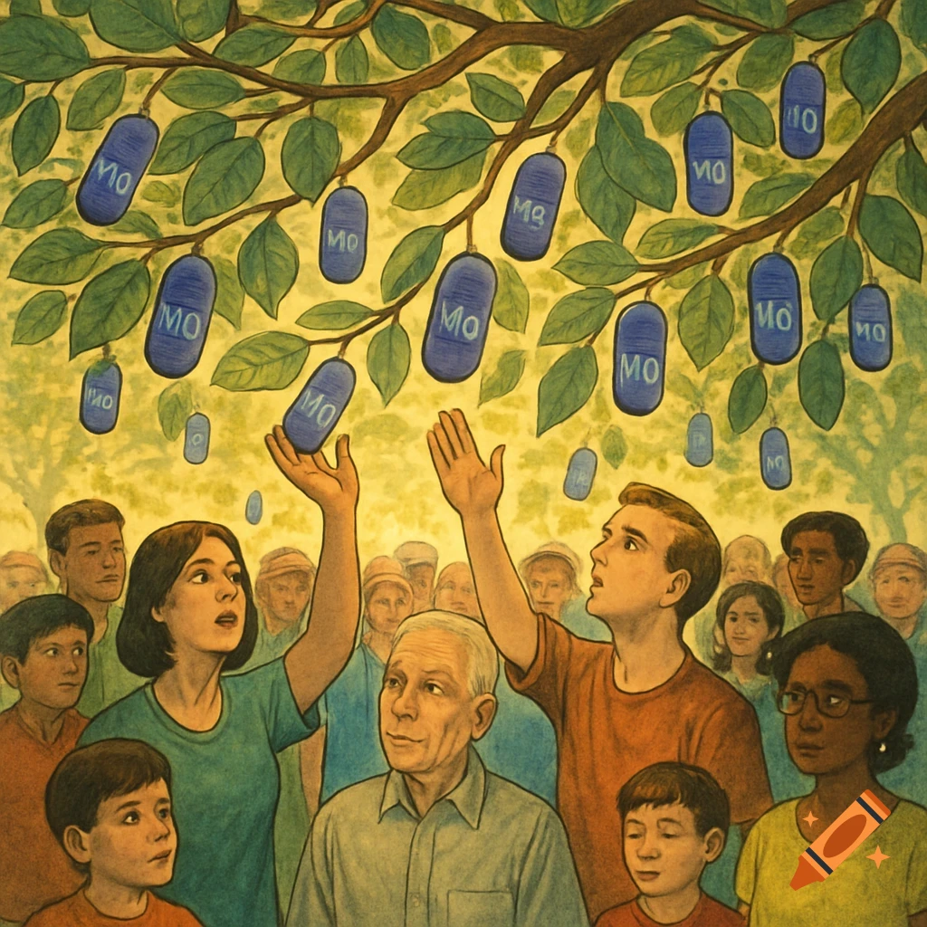 An illustrative painting of a crowd of diverse people looking up at a tree with blue, pill-shaped objects labeled 'MO' hanging from its branches, some reaching for them.