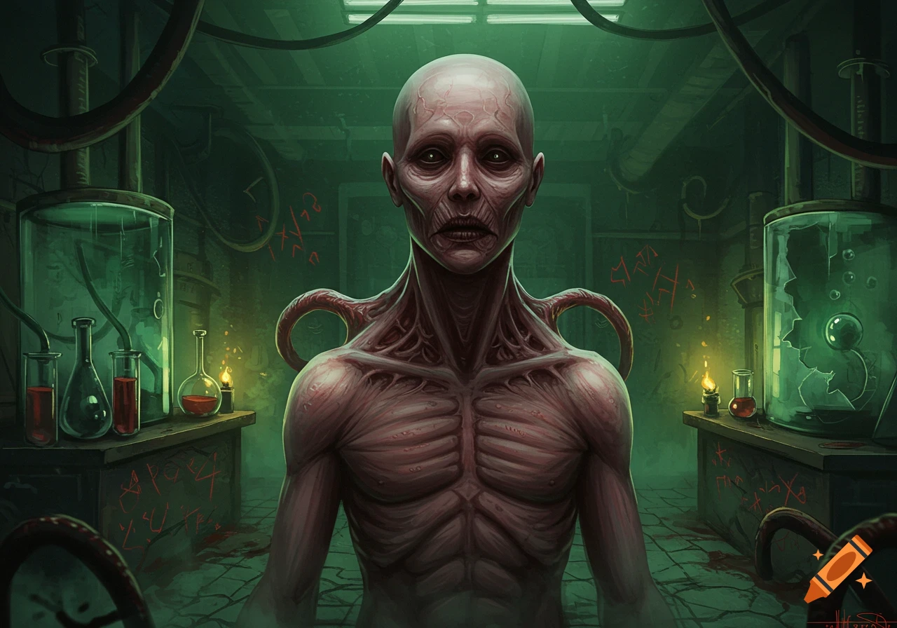 A bald, skinless humanoid creature with exposed muscles stands in a dark green, decaying science lab with tubes and beakers.