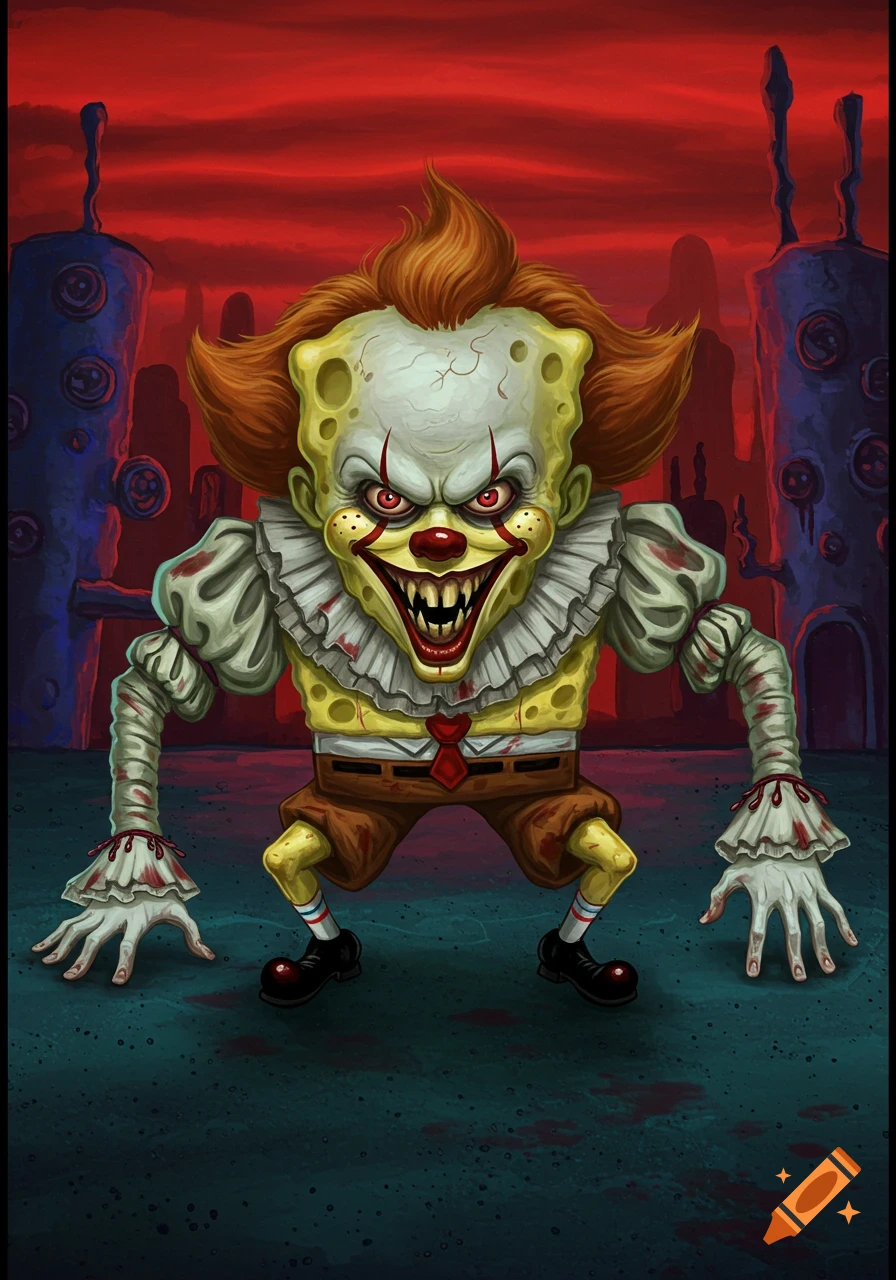 A horror cartoon illustration of Spongebob Squarepants as Pennywise, with red eyes, sharp teeth, and blood on his clown costume, in a dark, eerie setting.