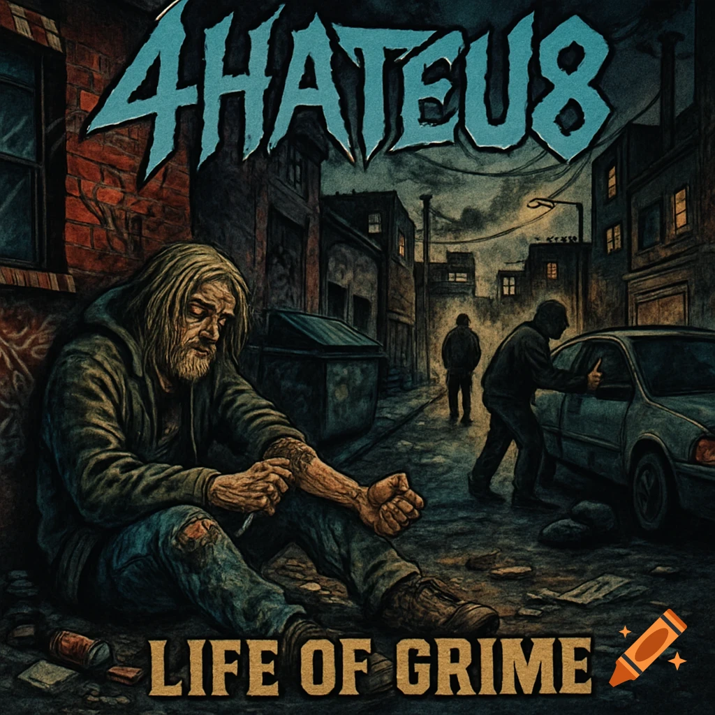 Gritty album cover illustration of a bearded person injecting drugs in an alley, with other figures and text '4HATEU8' and 'LIFE OF GRIME'.