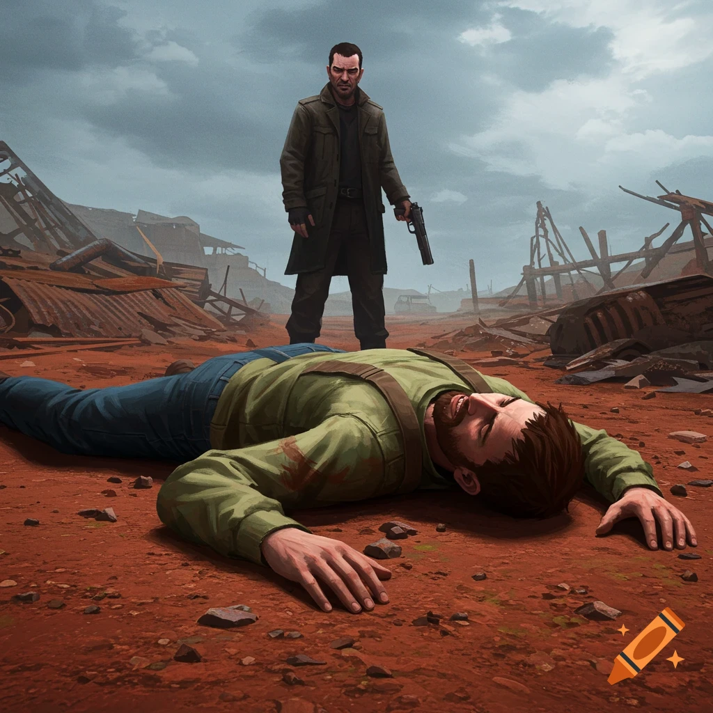 A man lies on the ground in a ruined landscape, looking up at another man standing over him with a pistol in a video game style.
