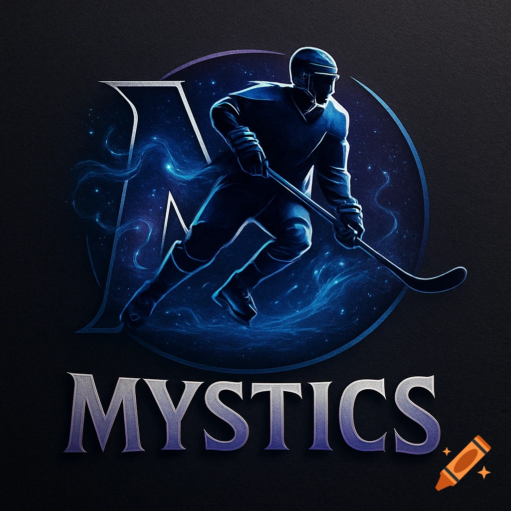 Stylized blue and purple logo of a hockey player in front of a large M, with 'MYSTICS' text below.