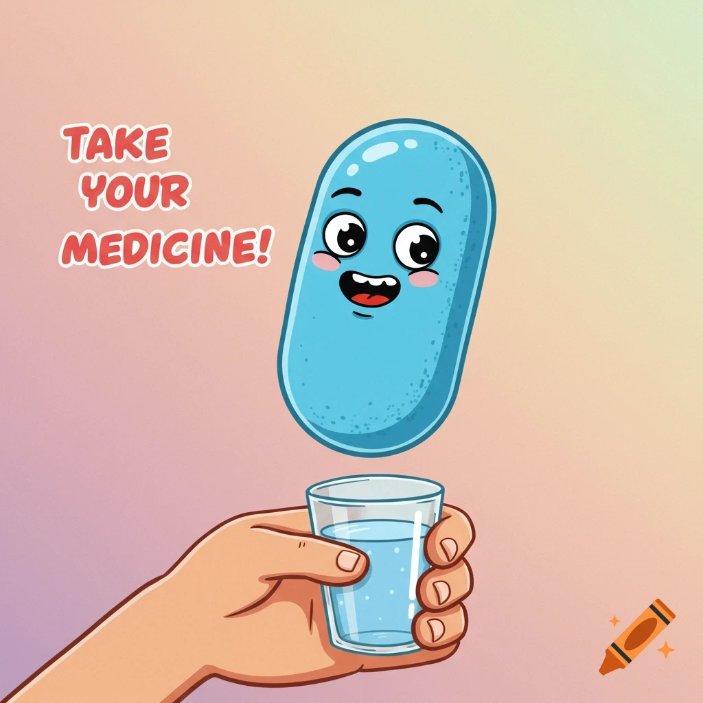 A happy blue cartoon pill floats above a hand holding a glass of water, with the text "TAKE YOUR MEDICINE!" next to it.