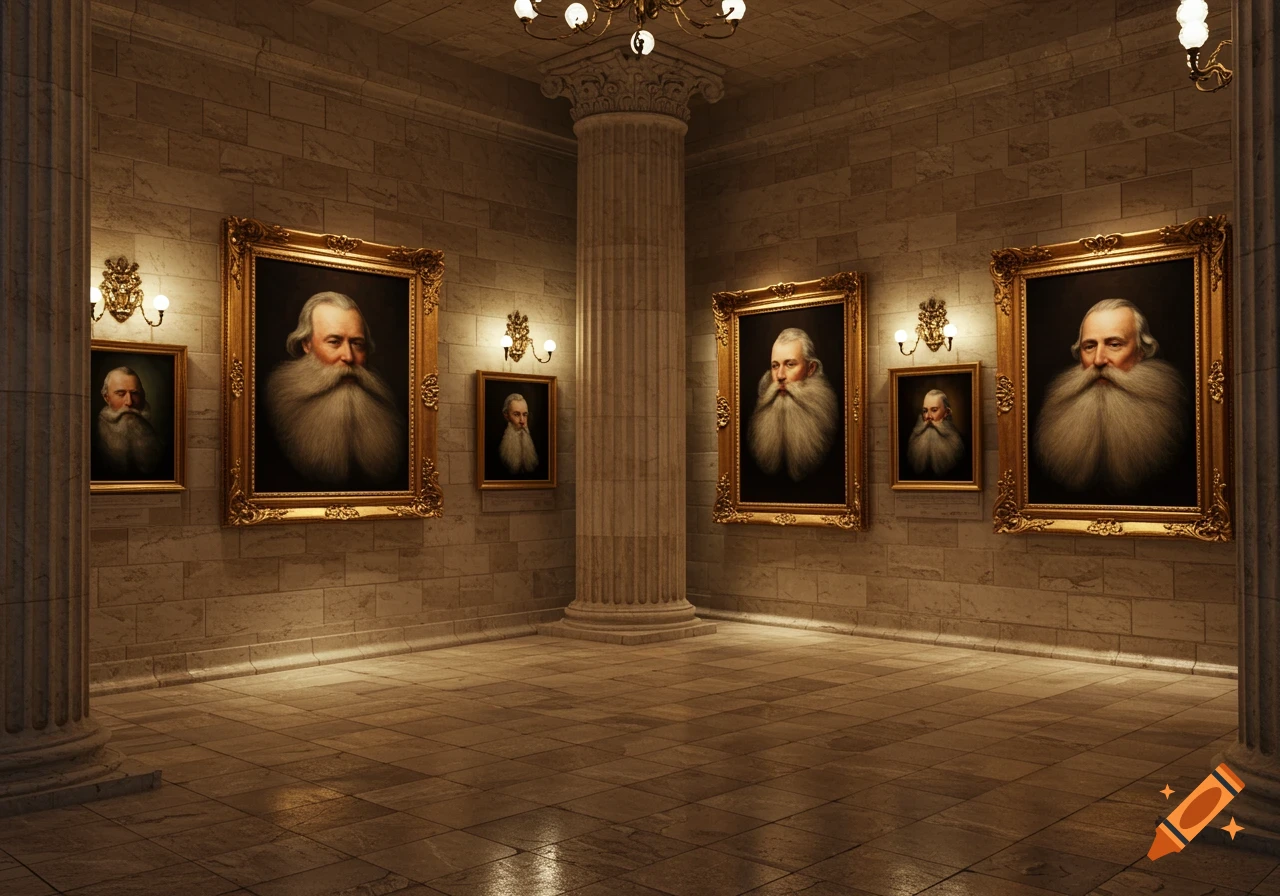 A grand hall of fame with stone walls displaying several oil portraits of men with prominent white beards in ornate gold frames, lit by wall sconces.