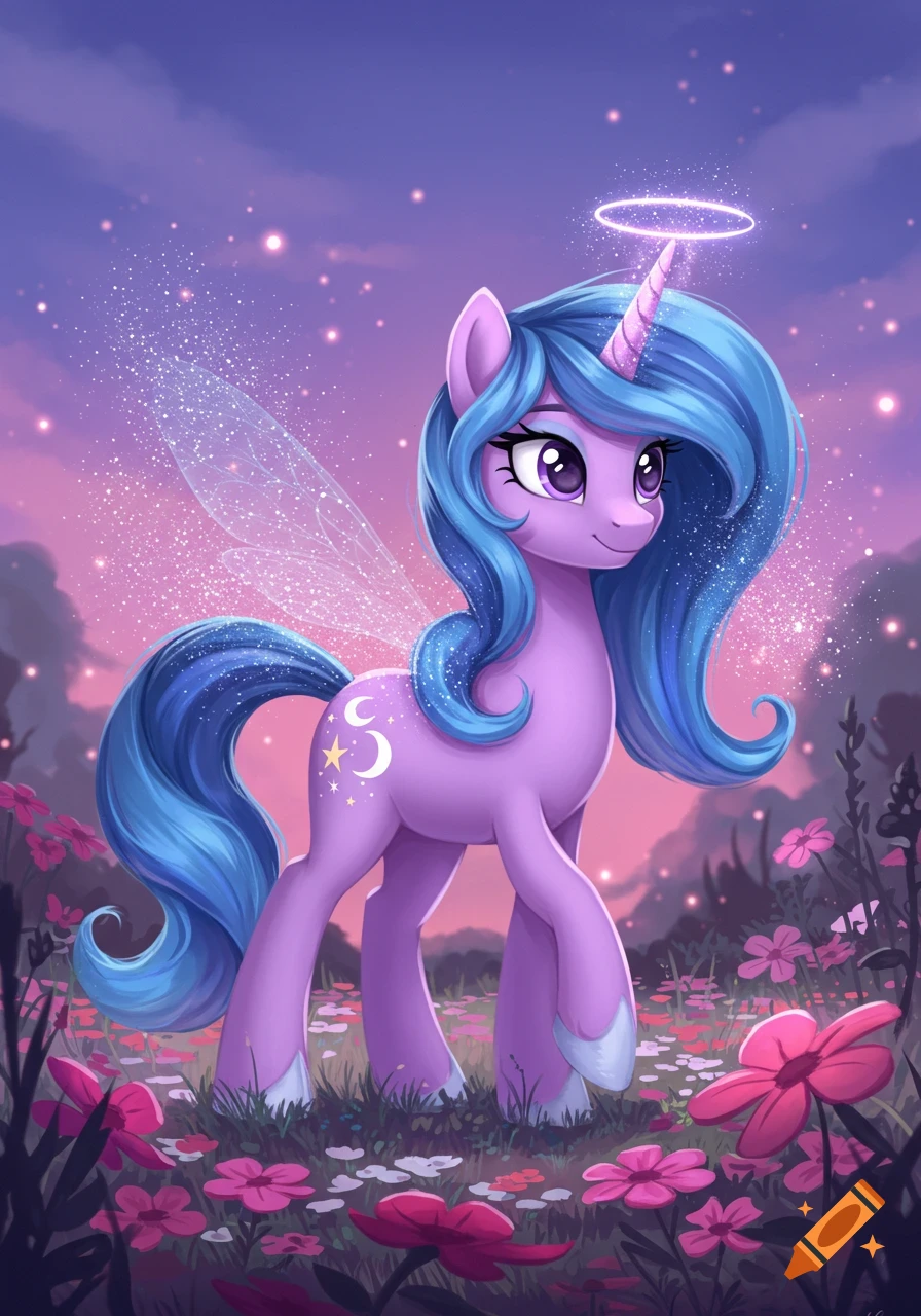 A purple unicorn with a blue mane and tail, sparkling fairy wings, and a halo stands in a field of pink and purple flowers under a twilight sky.