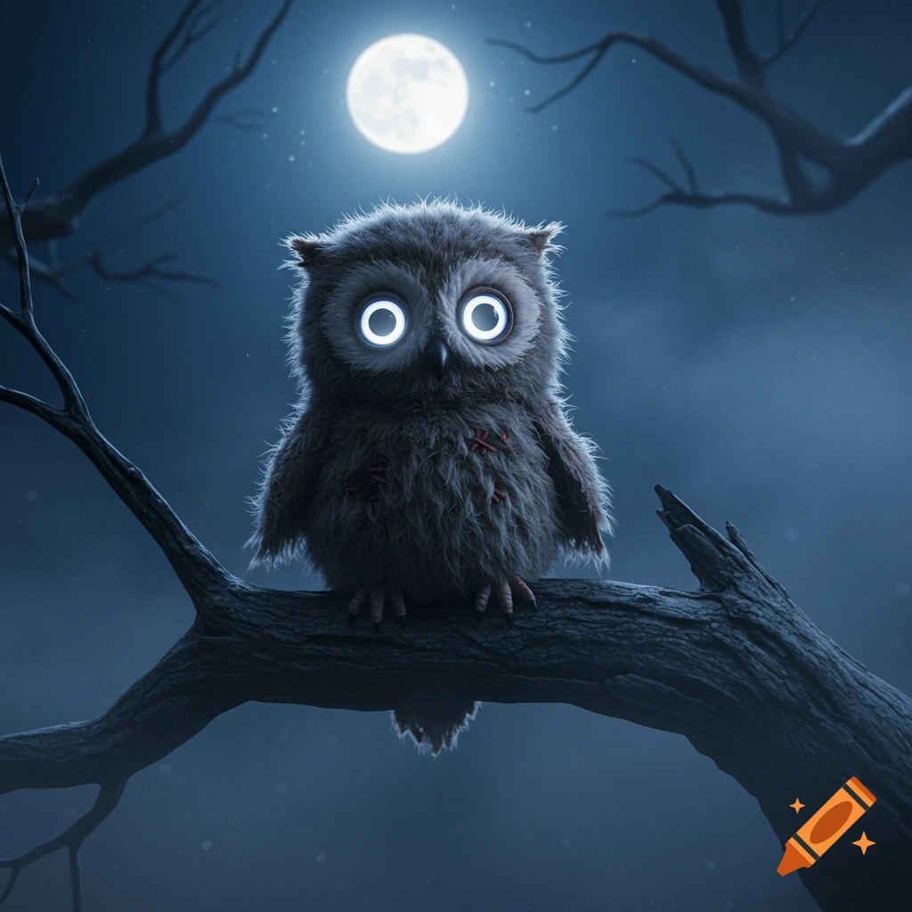 A cute, fluffy owl-like creature with glowing eyes perches on a twisted branch under a full moon in a moody, eerie scene.