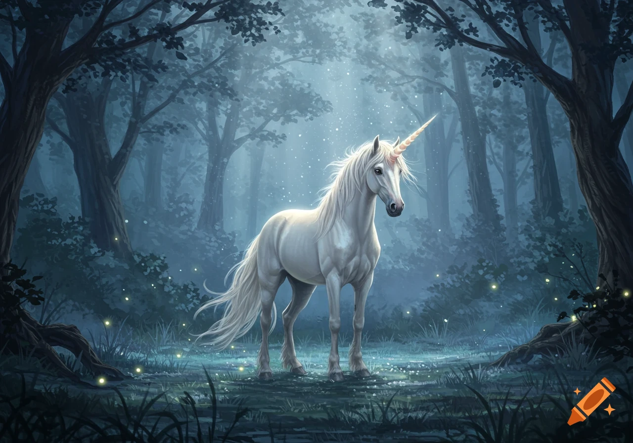 A majestic white unicorn stands in a moonlit, misty fantasy forest with glowing fireflies and light rays.