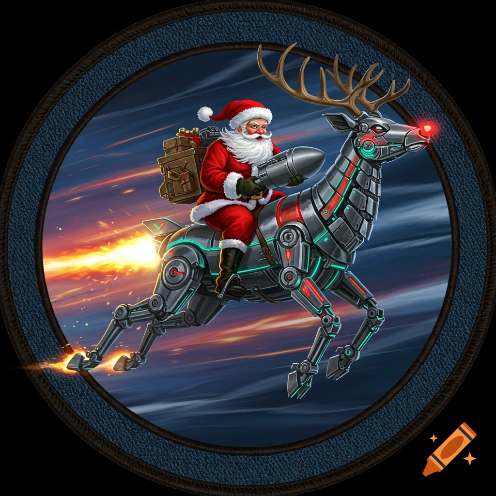 Santa Claus rides a futuristic, jet-powered robotic reindeer carrying a bomb, within a circular Air Force patch design against a dynamic sky.