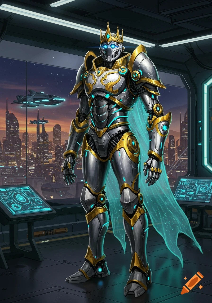 A giant silver and gold armored robot with blue glowing lights and a crown stands in a futuristic lab overlooking a cityscape with flying vehicles.