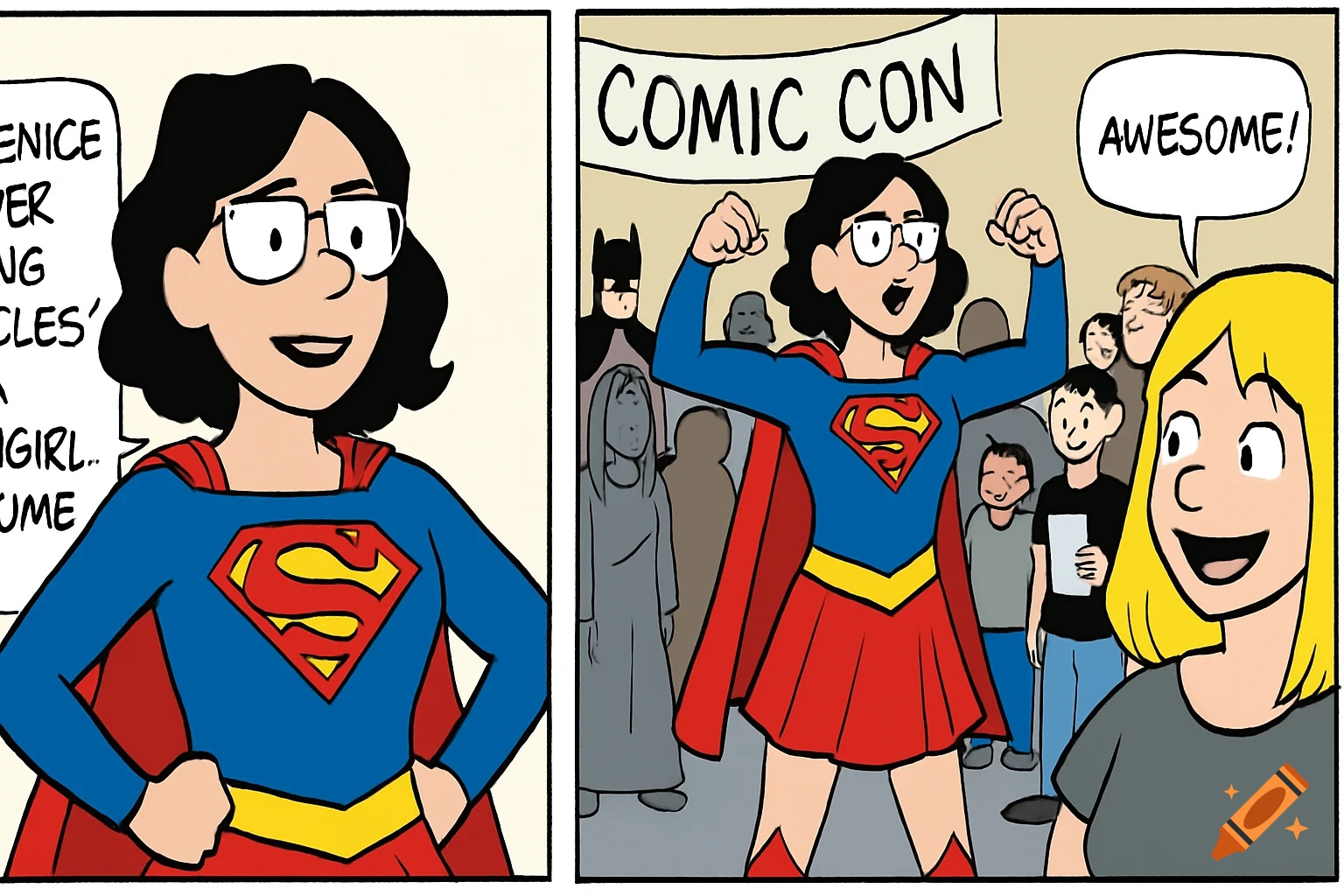 A two-panel cartoon comic strip shows Bernice Halper in a Supergirl costume. The left panel has garbled text, while the right panel shows her flexing at Comic Con.