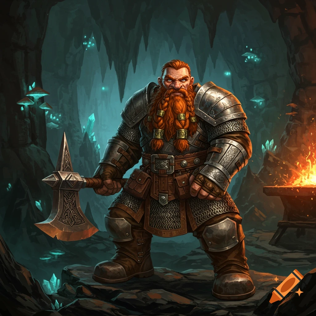 A heavily armored dwarf with a braided red beard holds a large axe in a dark cave with glowing crystals and a small forge.