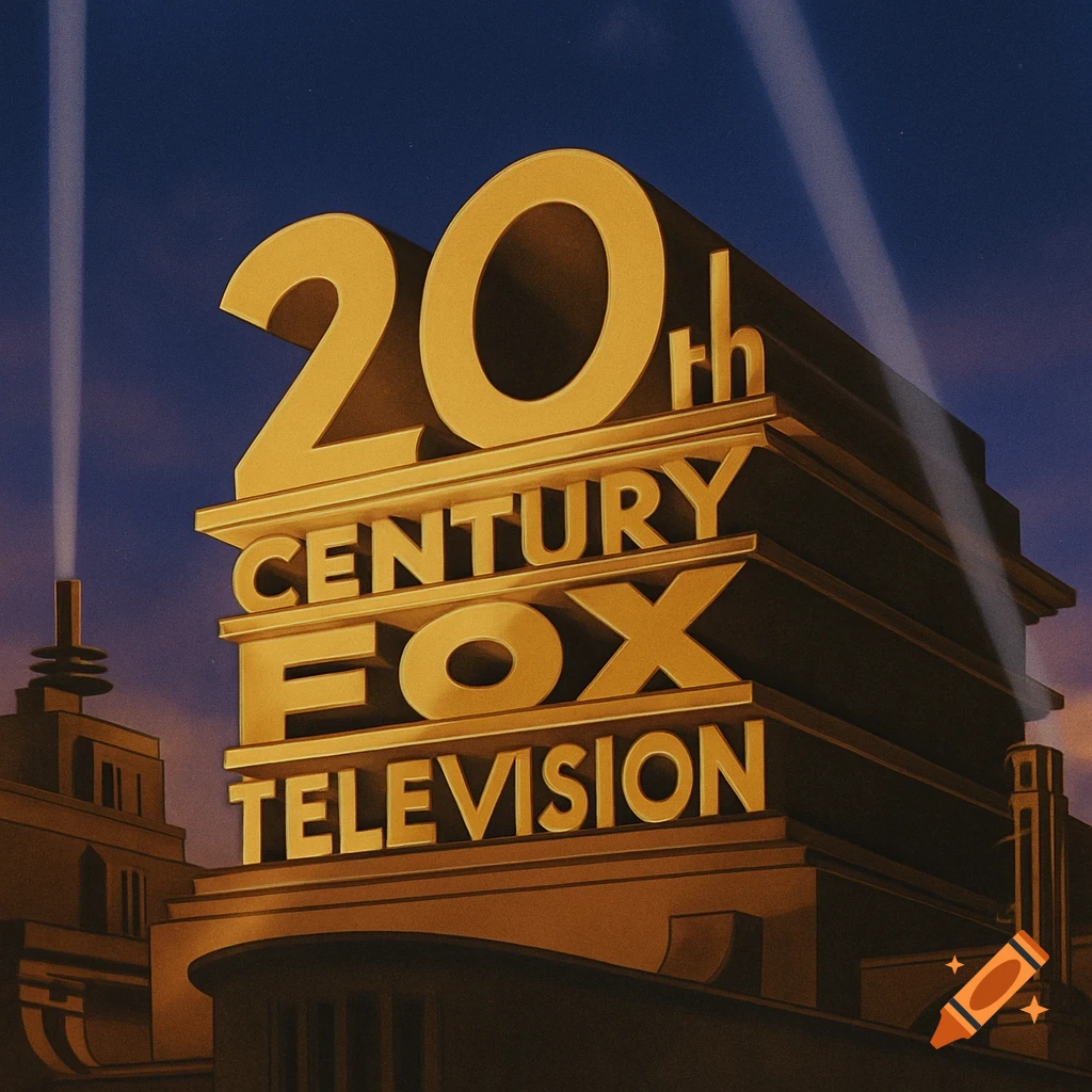 A gold 3D '20th Century Fox Television' logo with searchlights shining into a dark blue sky.