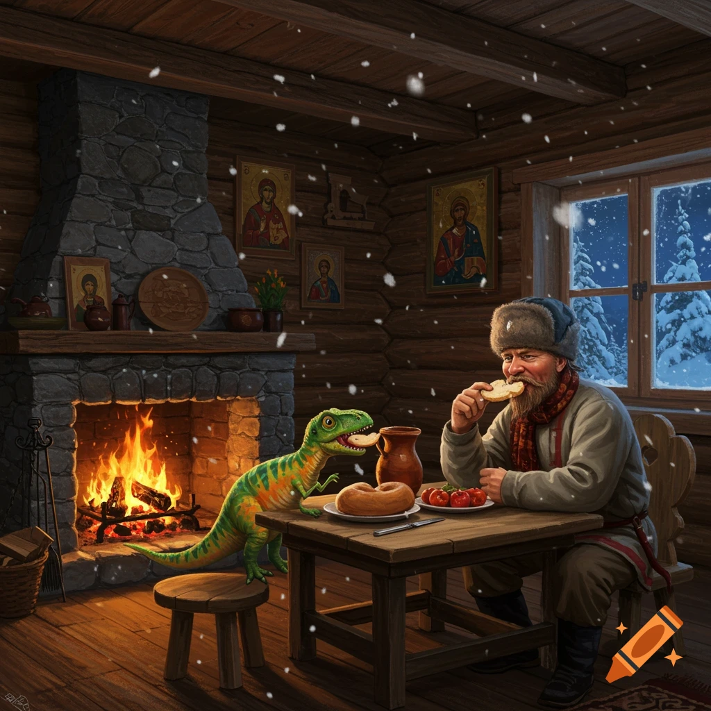 A man in a fur hat and a small dinosaur eat together at a wooden table in a rustic cabin with a lit fireplace, snowing outside.