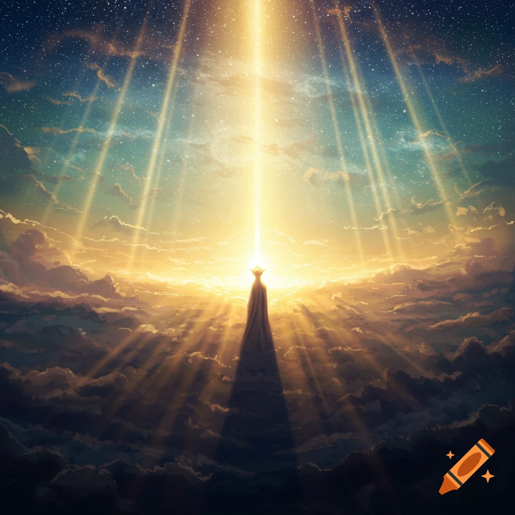 A silhouetted figure stands atop clouds, bathed in bright, golden sun rays against a starry sky.