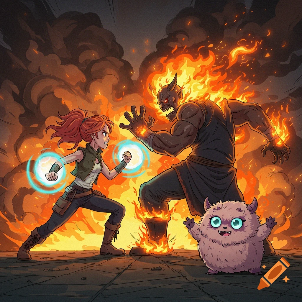 A cartoon warrior woman with glowing blue fists confronts a fiery demon in a battle scene, with a cute fluffy monster looking on.