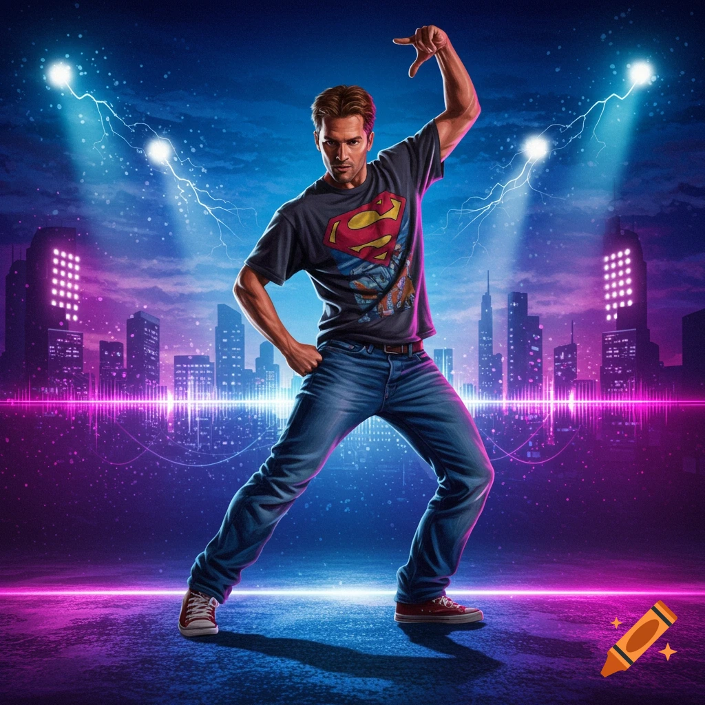 A man in a Superman shirt dancing in a vibrant, neon-lit city at night with stage lights and lightning.