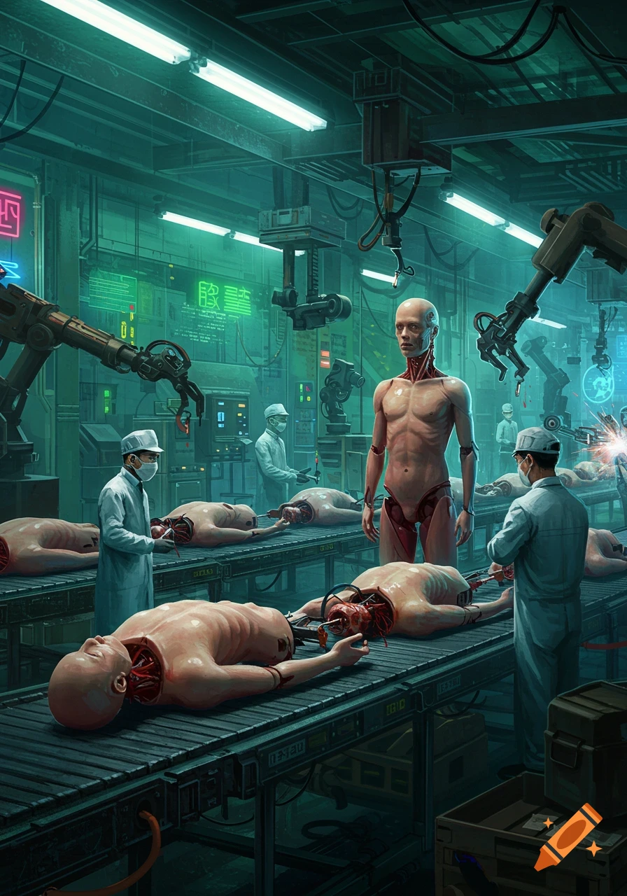 A dark, futuristic factory where humanoid figures are assembled on a conveyor belt by doctors and robotic arms.