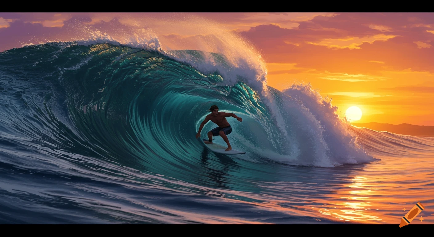 A surfer rides a large blue wave at sunset, with a bright orange sun on the horizon.