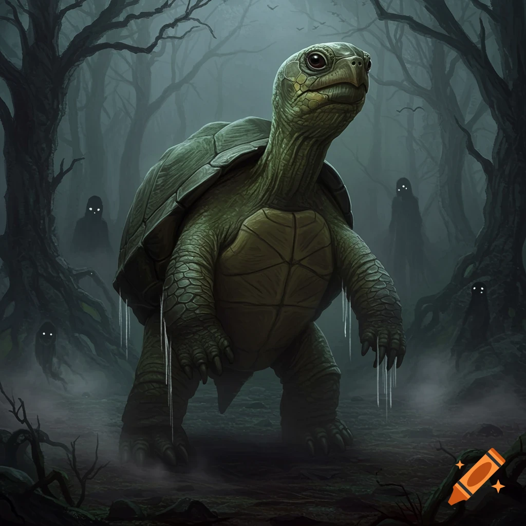 An eerie, horror-style image of a large green turtle standing upright like a human in a misty, dark forest with shadowy figures looming in the background.
