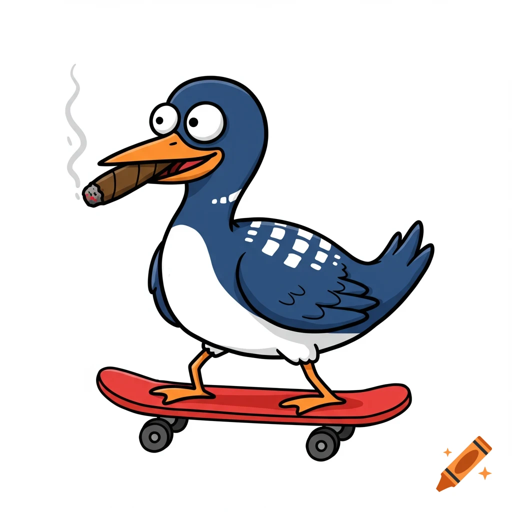 A cartoon loon bird with wide eyes smokes a cigar while riding a red skateboard.