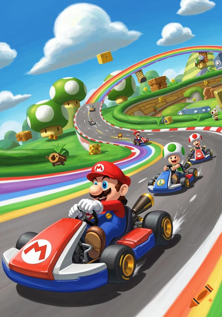 Mario, Toad, and other characters race on a vibrant Mario Kart track with a rainbow, mushroom houses, and item blocks.