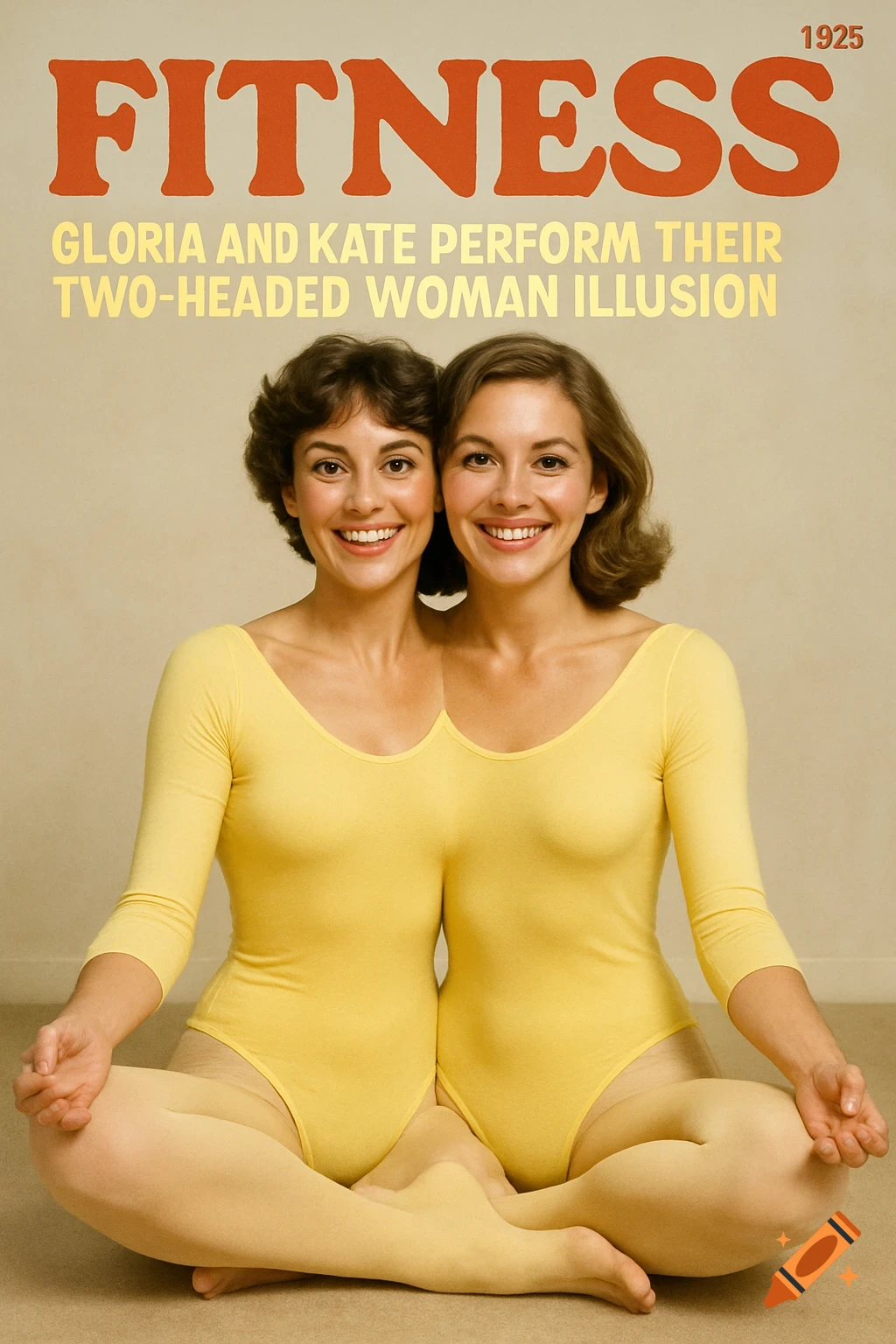 Two women in yellow leotards in a lotus pose, forming a two-headed illusion on a vintage FITNESS magazine cover.
