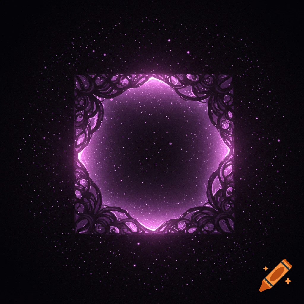 An abstract glowing purple square with ornate, dark edges and scattered light particles on a black background.