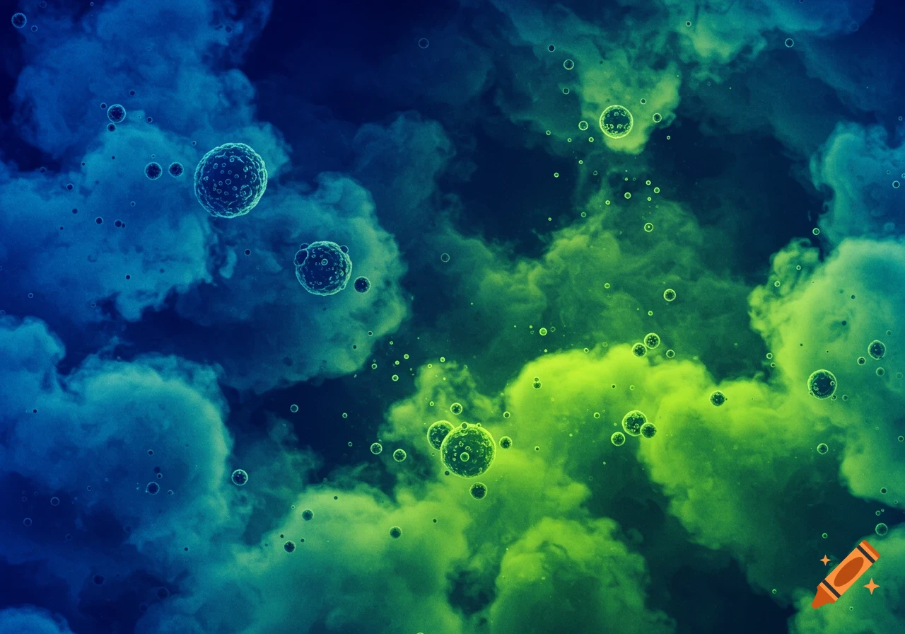 An abstract image featuring glowing cell-like bubbles floating through swirling blue and lime green smoke or gas.