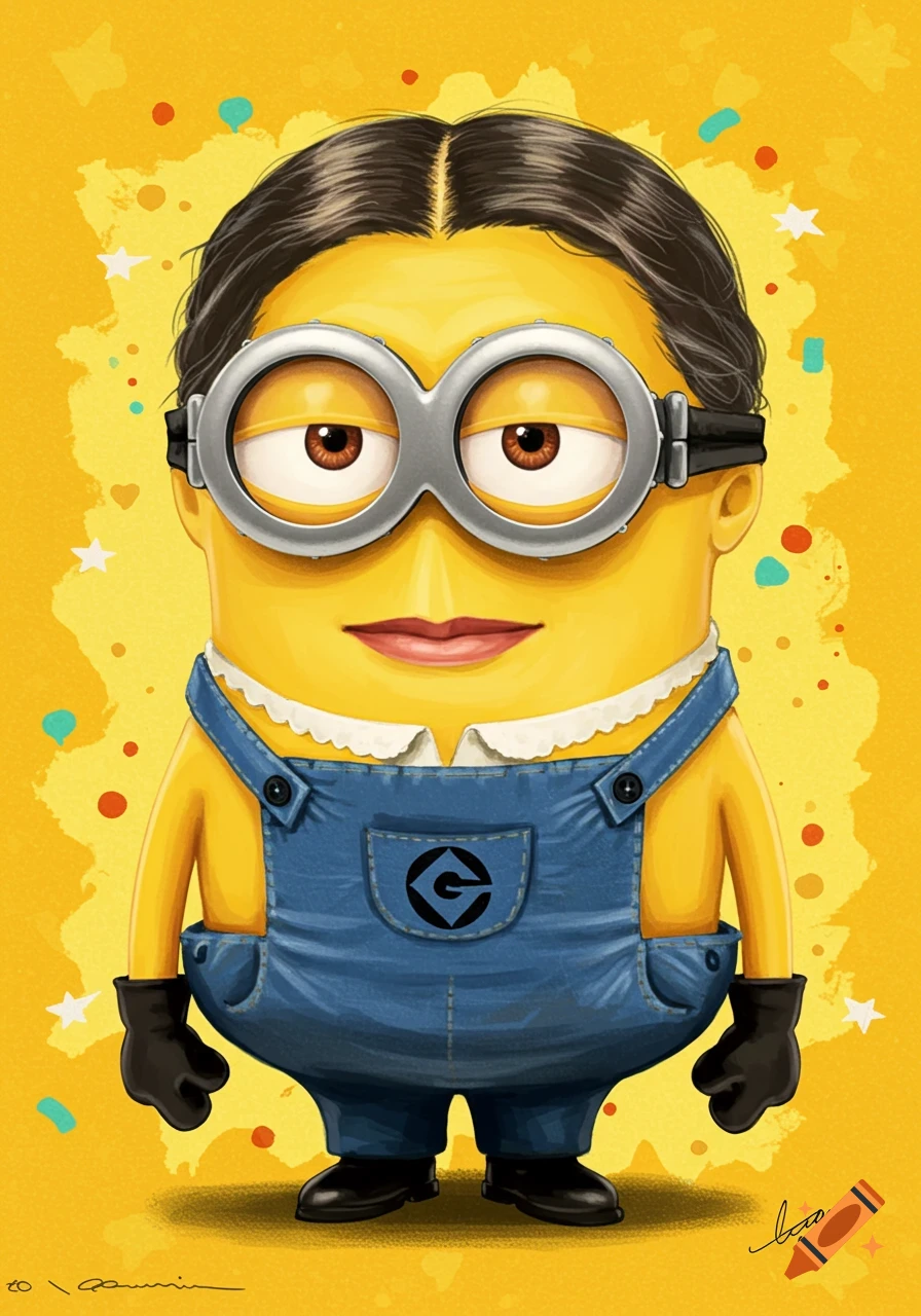 Cartoon illustration of a female Minion character with brown hair, spectacles, and blue overalls on a yellow background.