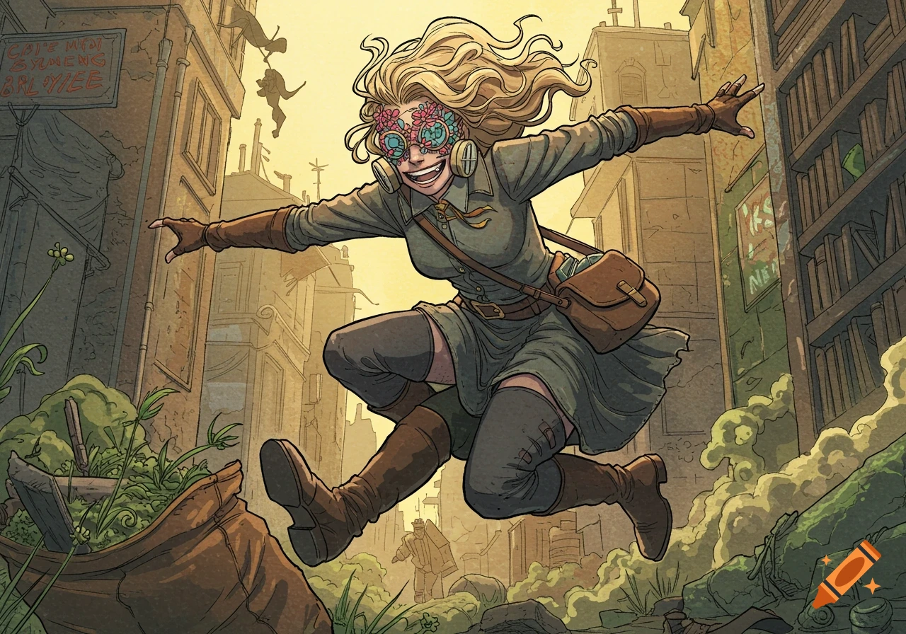 A blonde woman in a librarian-like steampunk outfit and a flower gas mask jumps over trash in a dystopian street, comic book style.