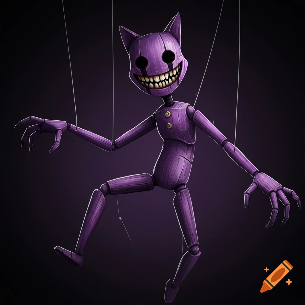 A purple wooden puppet with cat ears, black empty eyes, and a wide, unsettling toothy grin, dangling from strings against a dark background.