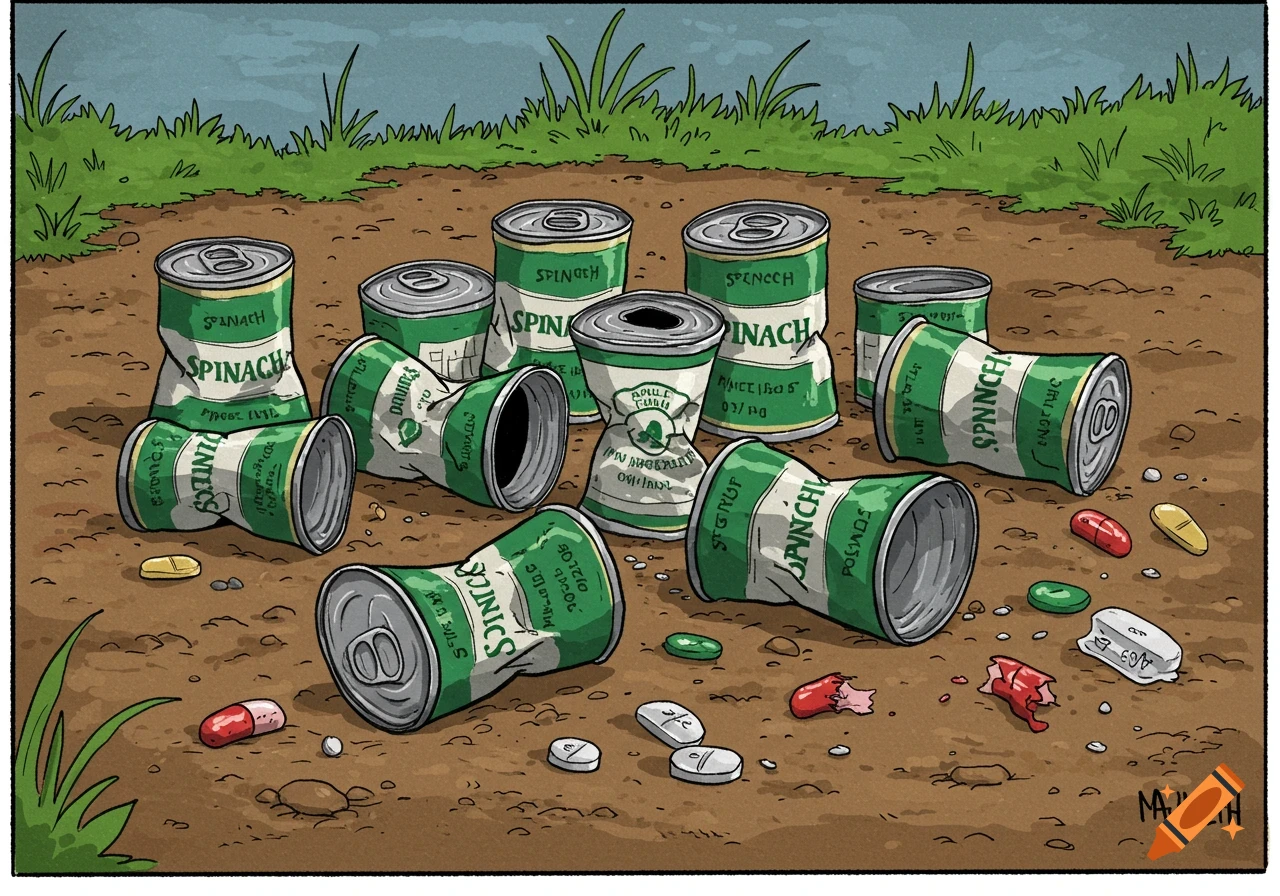 Cartoon illustration of crumpled and empty spinach cans scattered on dirt ground, with various pills mixed among them. Grass is visible in the background.