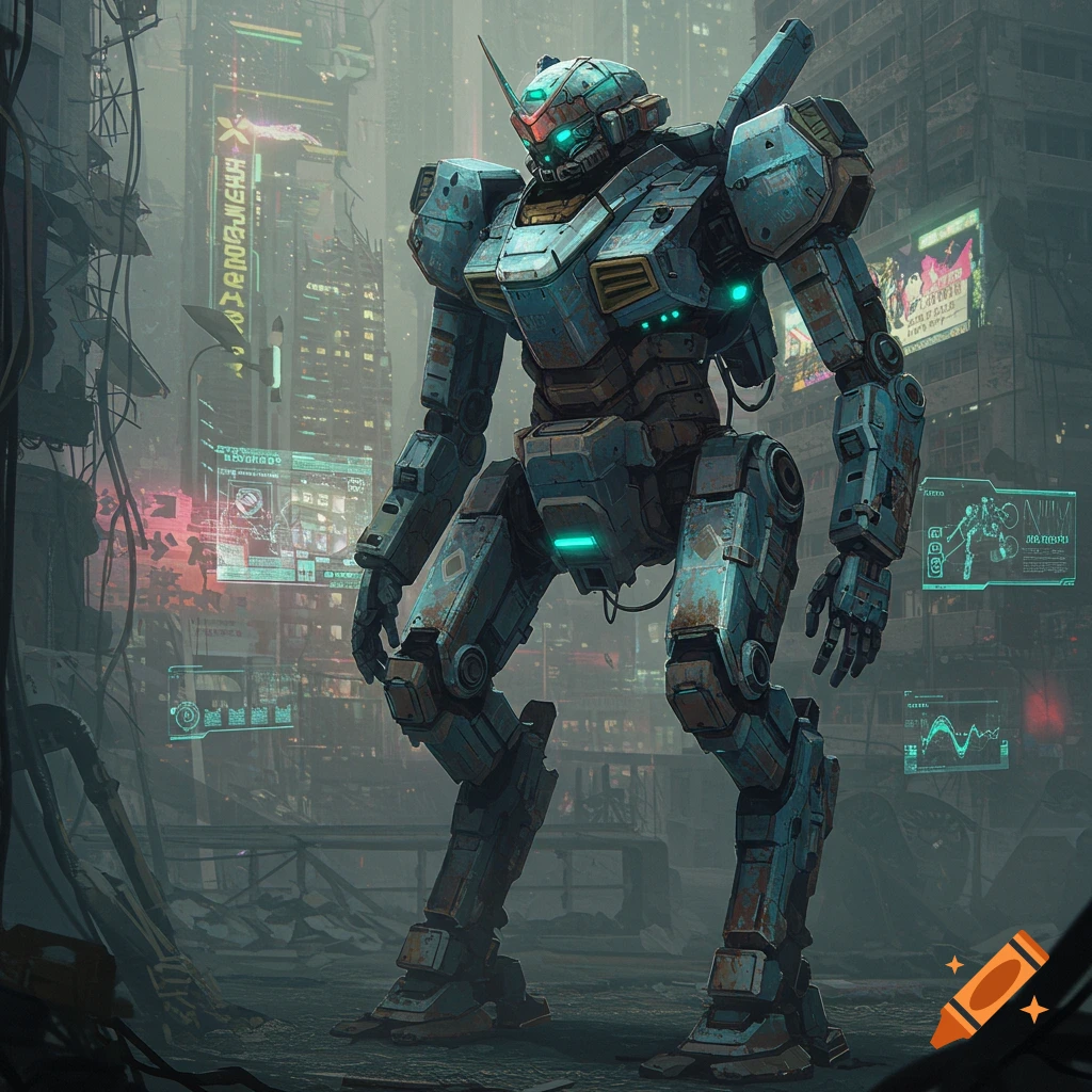 A worn-out blue and brown mecha stands in a detailed, neon-lit cyberpunk city.