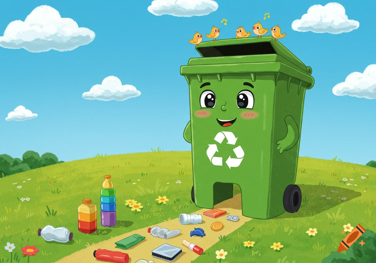 A cheerful green cartoon recycling bin stands on a grassy hill with birds on its lid and litter scattered on a path.