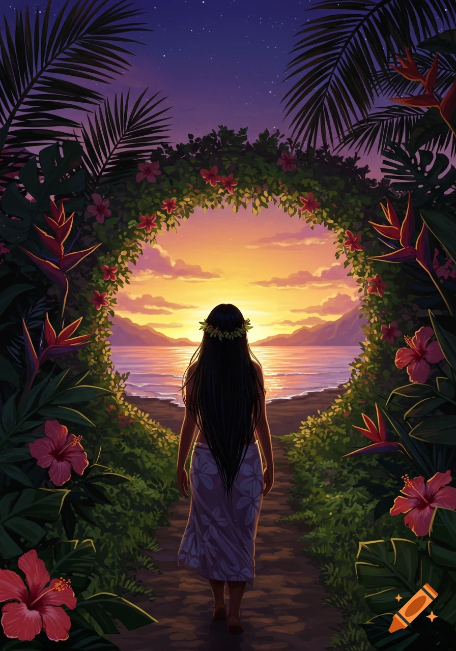 A woman with long dark hair walks on a path through tropical foliage, framed by an arch of flowers, towards a vibrant sunset over the ocean.