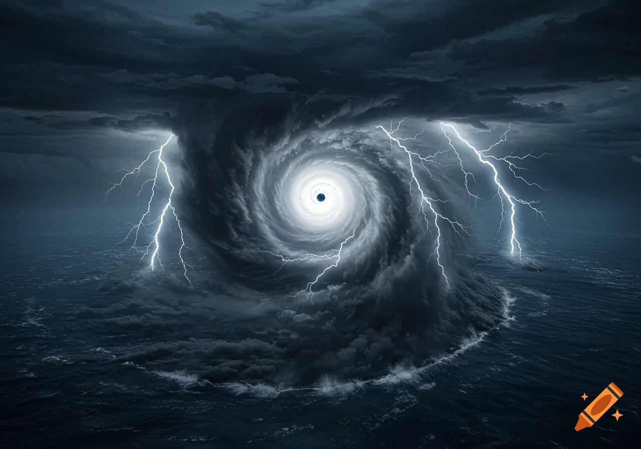 A powerful, dark hurricane with a clear eye swirls over a stormy ocean, struck by multiple lightning bolts in a dramatic, photorealistic scene.