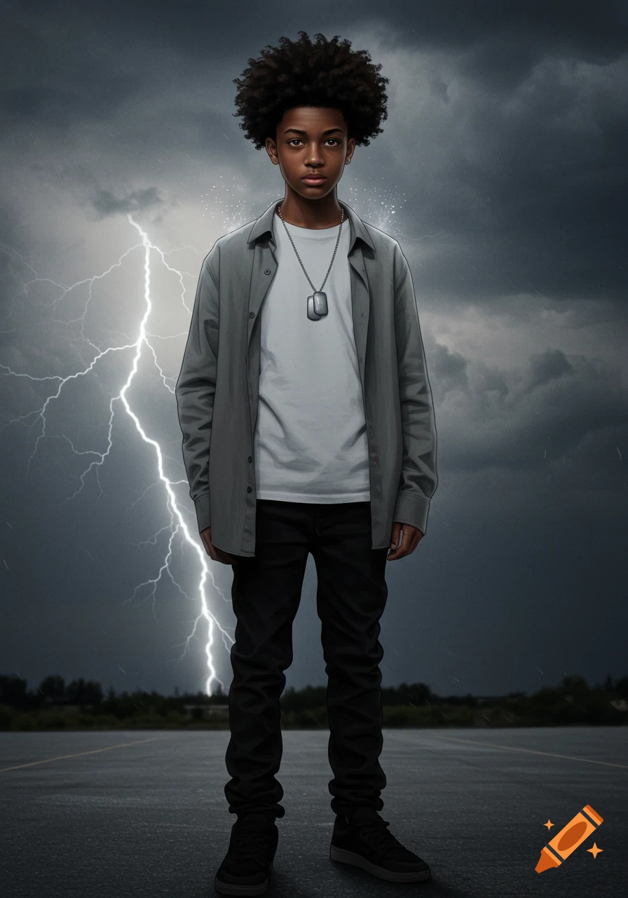 Young boy with afro, grey shirt, and black pants stands under a stormy sky with lightning.