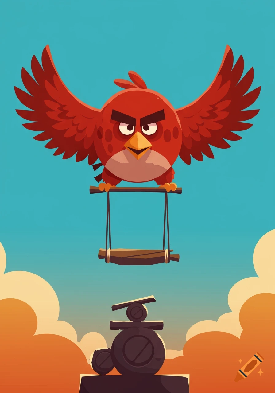 A red Angry Birds character, Red, with wings spread, holds a wooden swing over a pile of blocks against a blue sky with orange clouds.