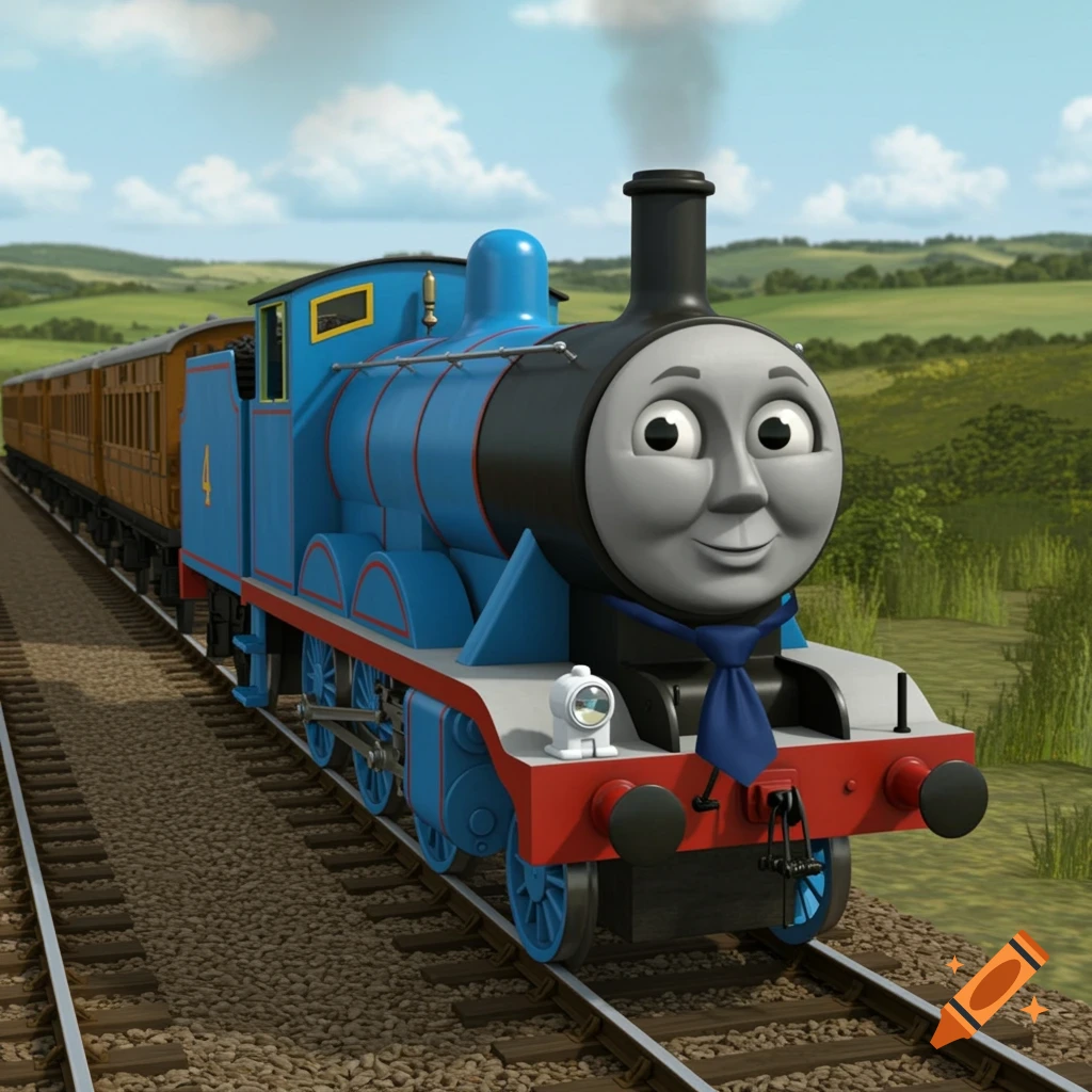 A blue cartoon train resembling Edward with a smiling face and a blue tie, pulling brown carriages on tracks through a green countryside.