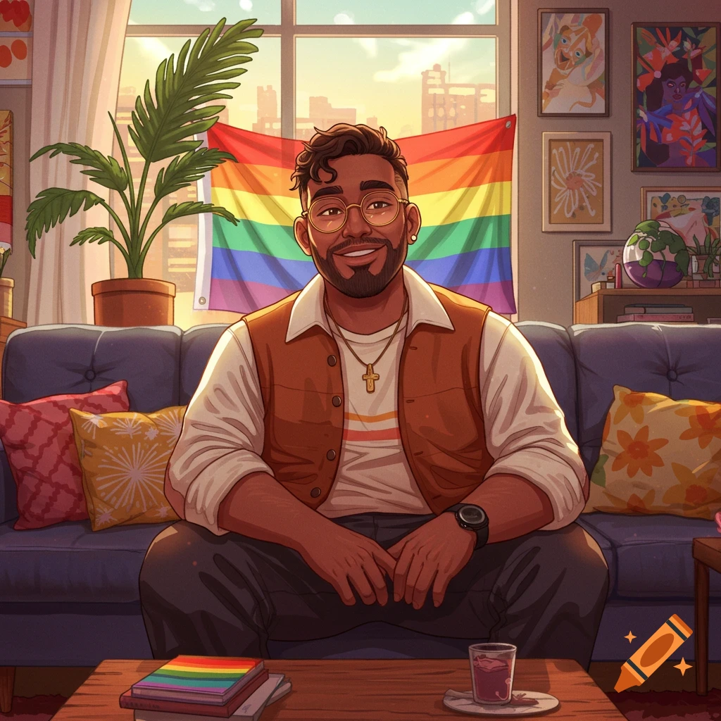 A stylized illustration of a smiling man with a beard and glasses sitting on a sofa in a cozy living room with a rainbow flag in the background.