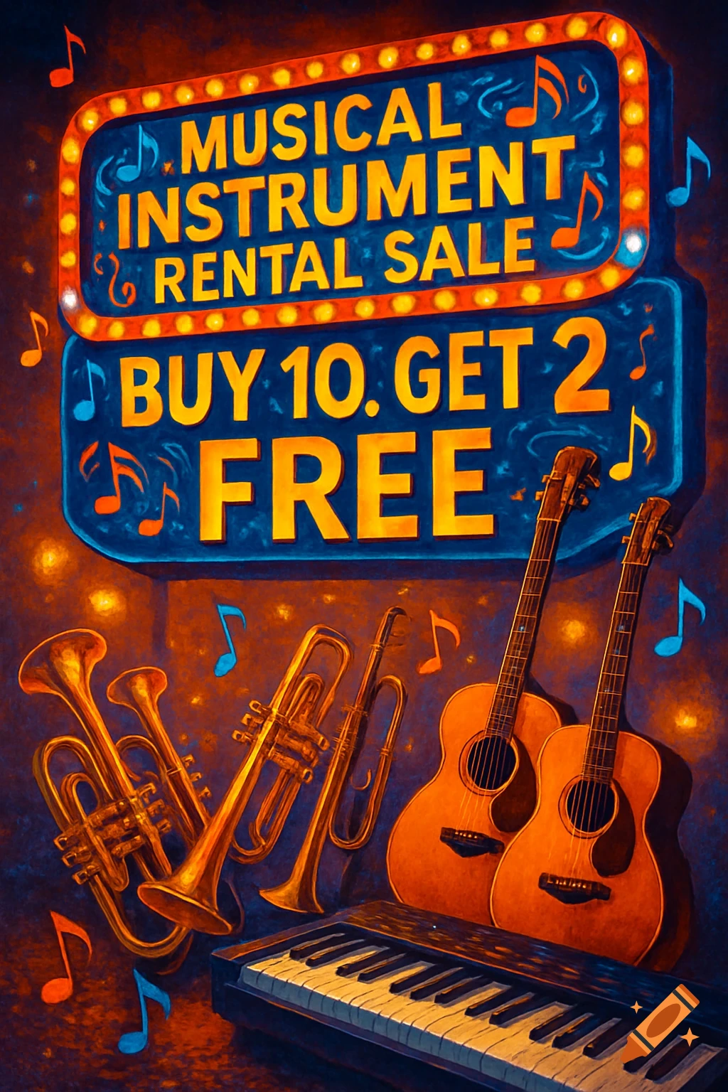 Vibrant digital art poster for a musical instrument rental sale, featuring guitars, trumpets, a keyboard, and a 'Buy 10. Get 2 Free' sign.